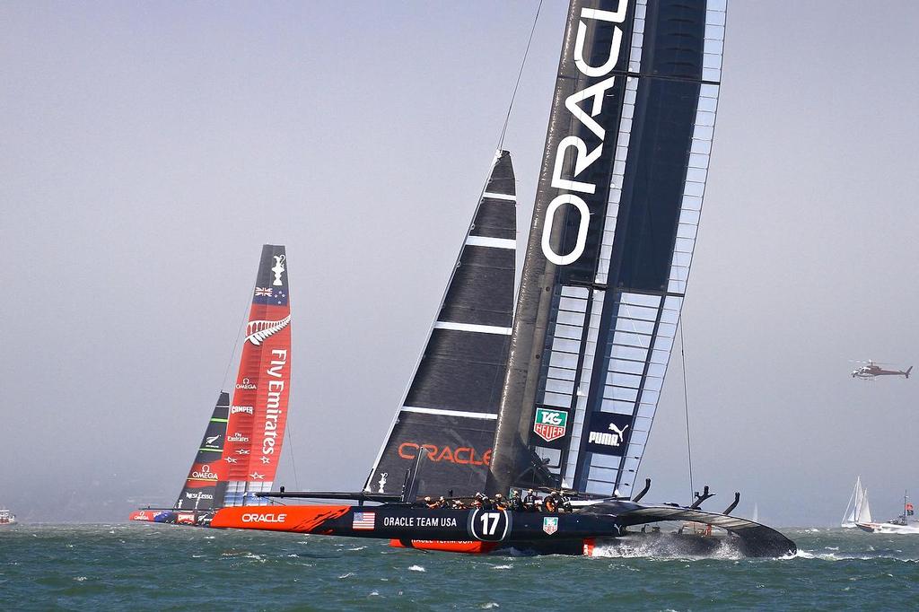 Oracle Team USA v Emirates Team New Zealand. America’s Cup Day 2, San Francisco. Oracle Team USA Chasing Emirates Team NZ in Race 3 © Richard Gladwell www.photosport.co.nz